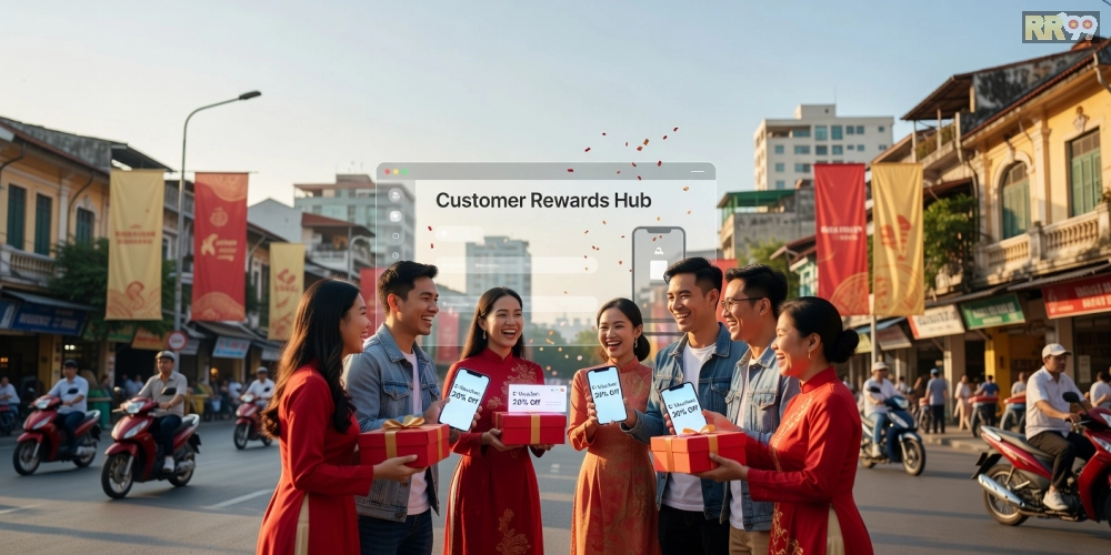 Minh họa khái niệm chương trình khuyến mãi tri ân khách hàng rr99 với biểu tượng quà tặng và khách hàng hài lòng