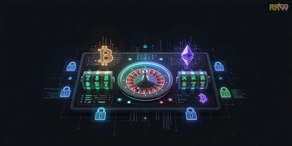 Minh họa giao diện sòng bạc crypto hiện đại với biểu tượng tiền điện tử