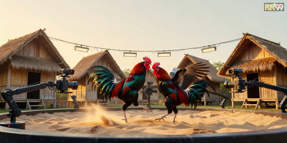 Hình minh họa khái niệm đá gà quốc tế rr99 với trường đấu hiện đại