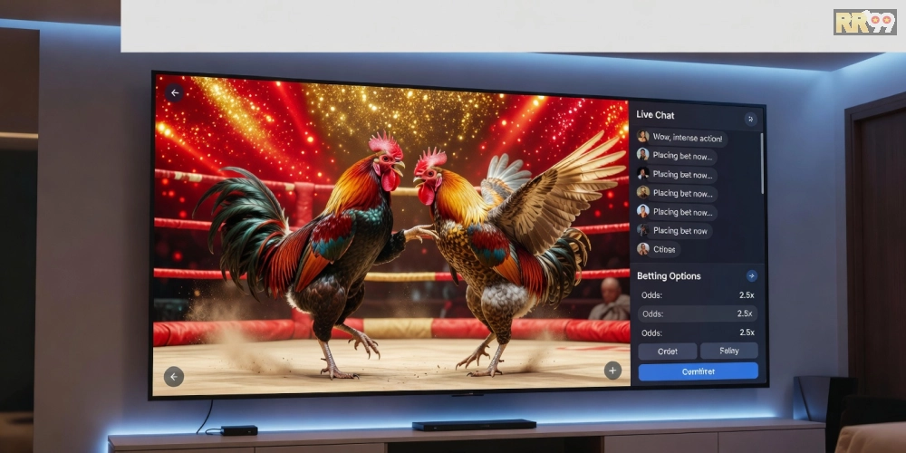 Minh họa khái niệm xem đá gà trực tiếp trên nền tảng RR99 với giao diện hiện đại