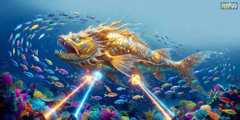 Hình ảnh boss cá khổng lồ trong game bắn cá rr99 edition với hiệu ứng bắn mạnh mẽ