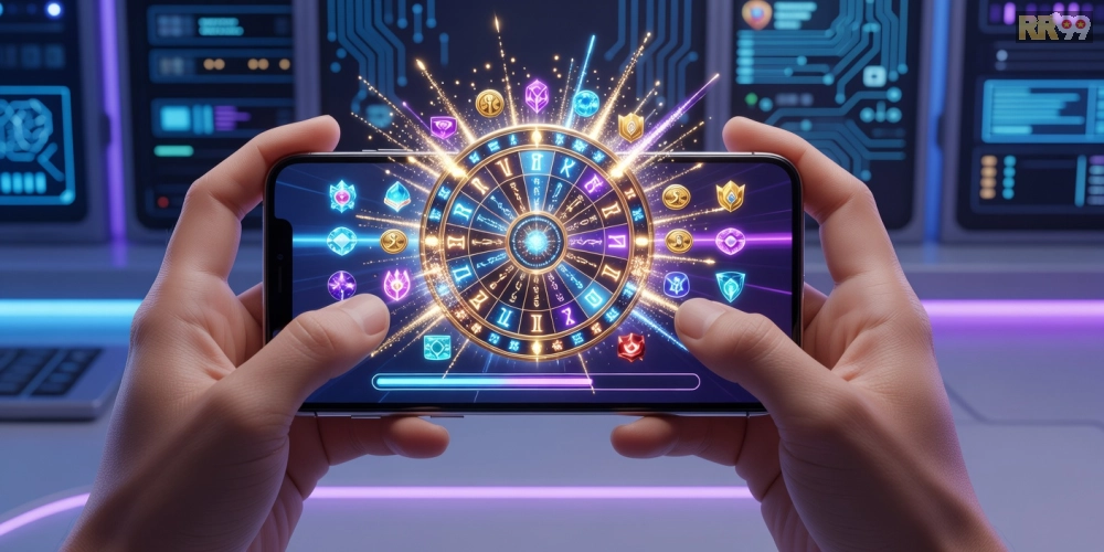 Caption minh họa giao diện tải game nổ hũ RR99 trên nền tảng Sunwin với vòng quay jackpot