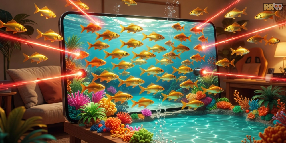 Hình ảnh gameplay Đại Dương Vàng RR99 với cá vàng lấp lánh và súng bắn mạnh mẽ