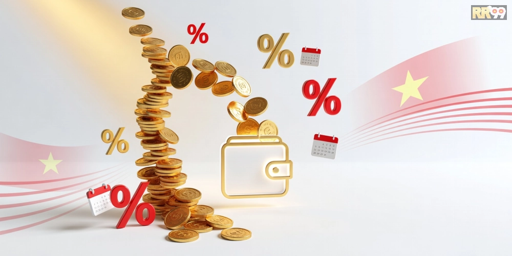 Minh họa ưu đãi hoàn tiền rr99 với biểu tượng tiền mặt quay vòng
